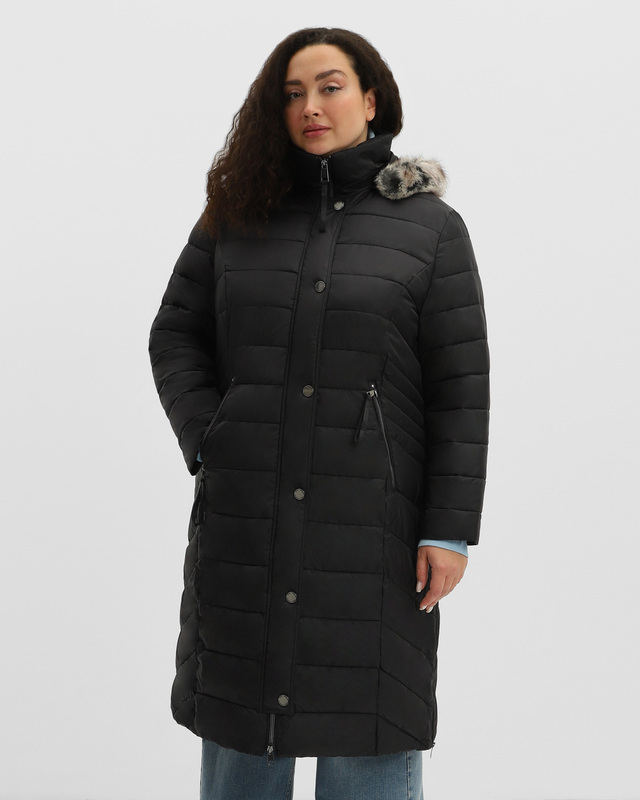 Стеганое пальто на наполнителе Thermore с воротником-стойкой и капюшоном c опушкой из экомеха