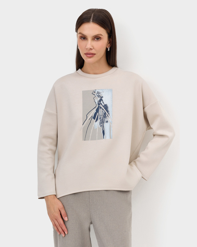 Свободный джемпер с принтом и стразами