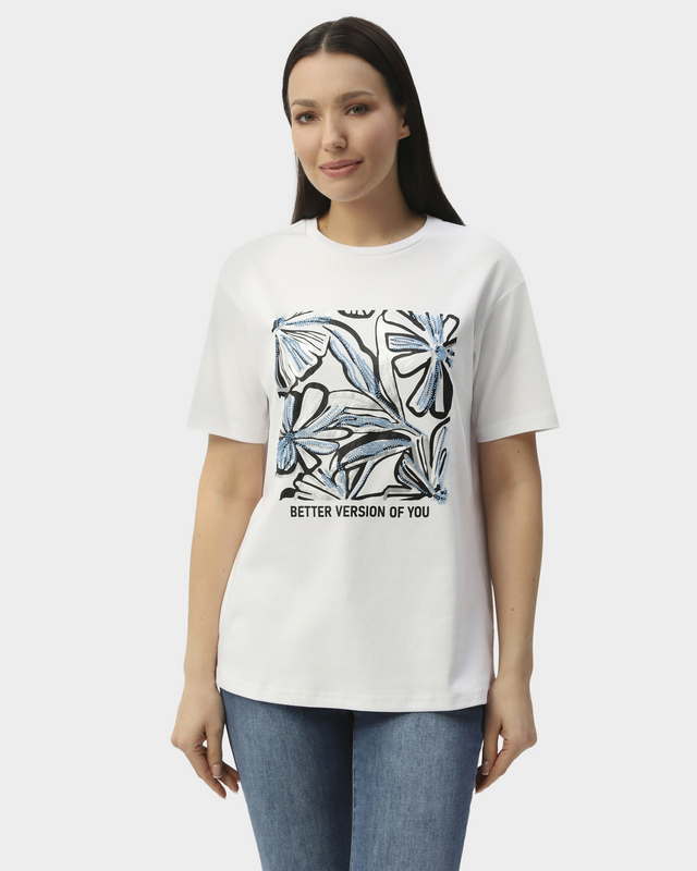 Хлопковая футболка с цветочным принтом и декором бисером