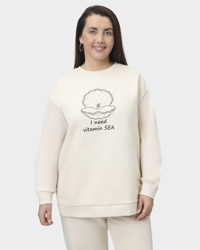 Хлопковый свитшот оверсайз с принтом и бусинами