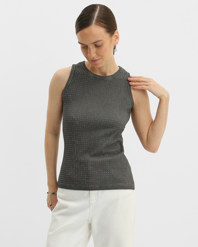 Топ без рукавов с круглым вырезом и декором из страз