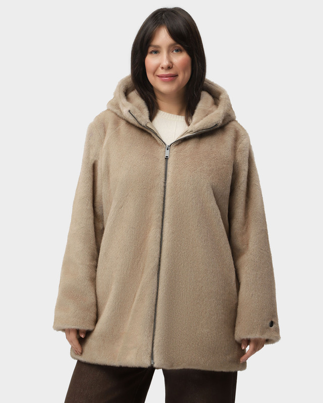 Удлиненная куртка из экомеха с капюшоном