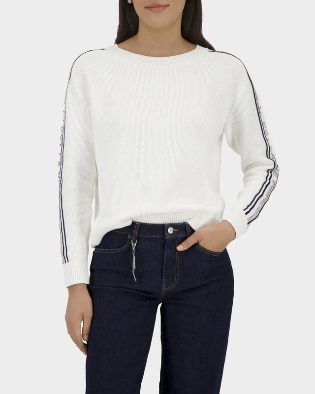 Хлопковый пуловер с аппликацией из термоклеевых стразов вдоль рукавов