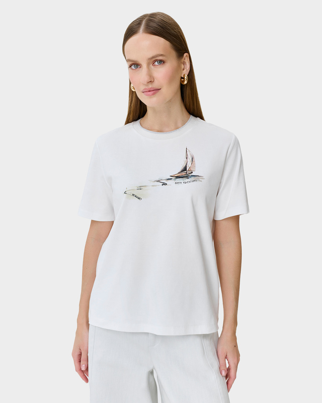 Хлопковая футболка прямого силуэта с авторским принтом и стразами