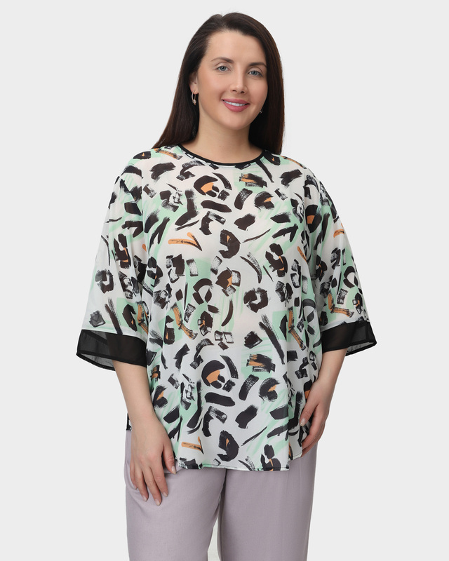 Блузка с рукавом 3/4, однотонной спинкой и принтом спереди