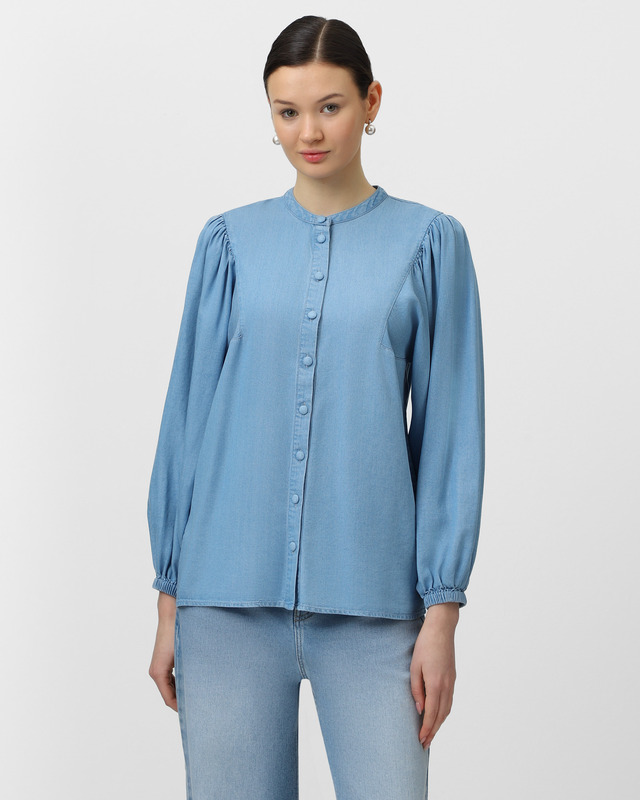Блузка из денима с рукавами-баллонами на резинке и воротником Мао