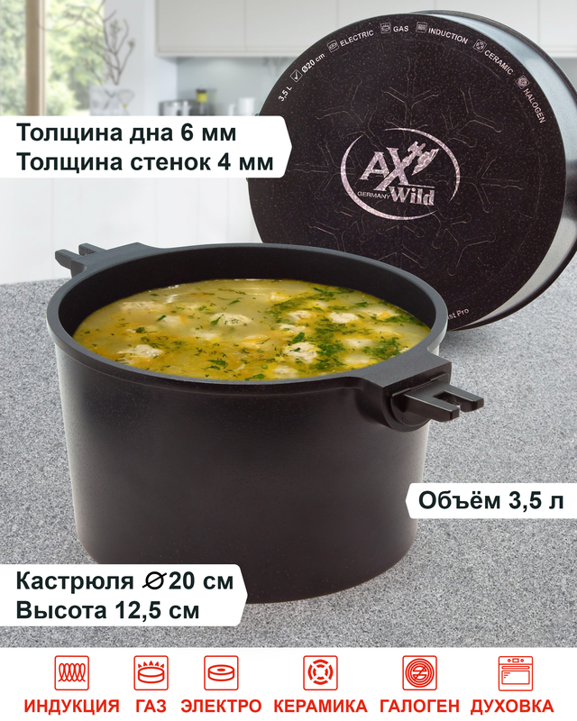 Кастрюля 3,5 литра без съемных ручек AxWild 184919 купить за 6499.0 ...