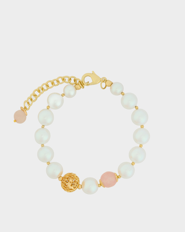 Браслет с жемчугом Майорка и розовым кварцем