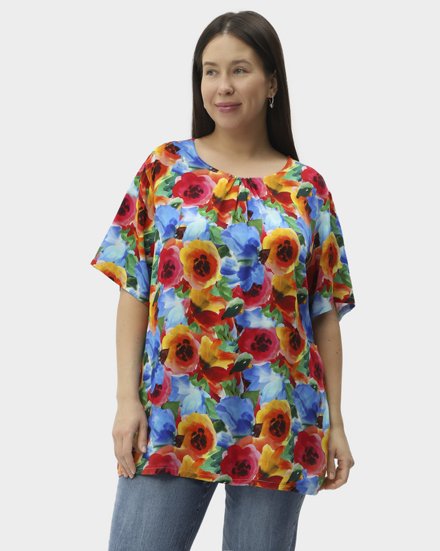 Блузка свободного кроя с коротким рукавом, декорированная бусинами